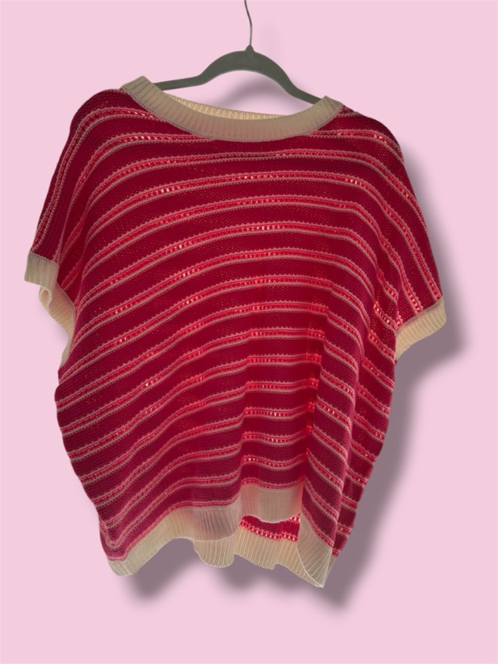 Pink Striped Short-Sleeve Knit Sweater with Cream Trim